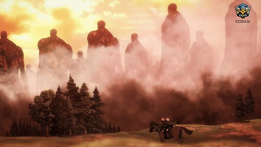 صحنه‌ای از انیمه حمله به تایتان که تایتان‌ها سه بعدی طراحی شده‌اند.